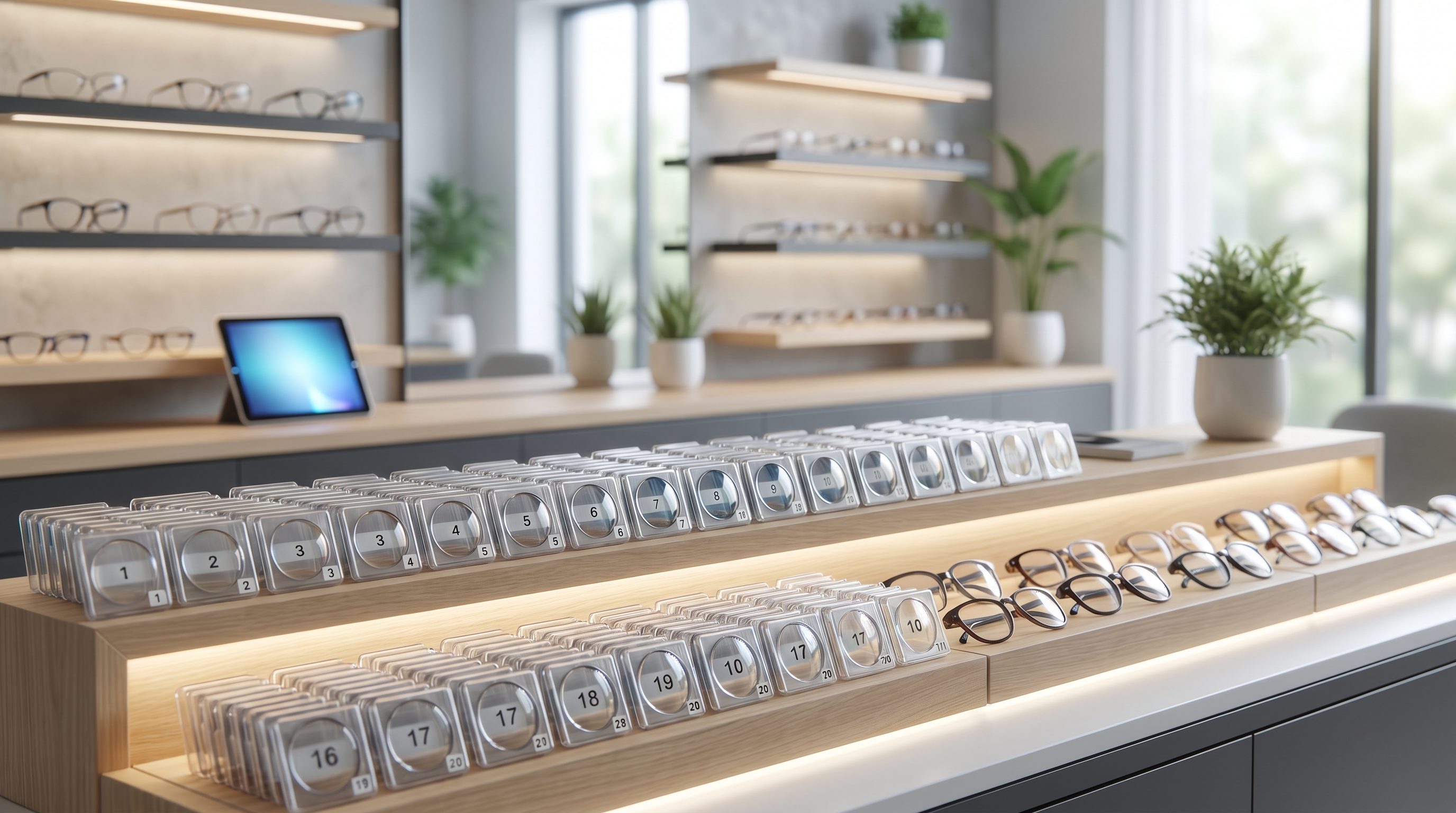 Optik salonunda raflarda dizili numaralı gözlük camları ve çerçeveler