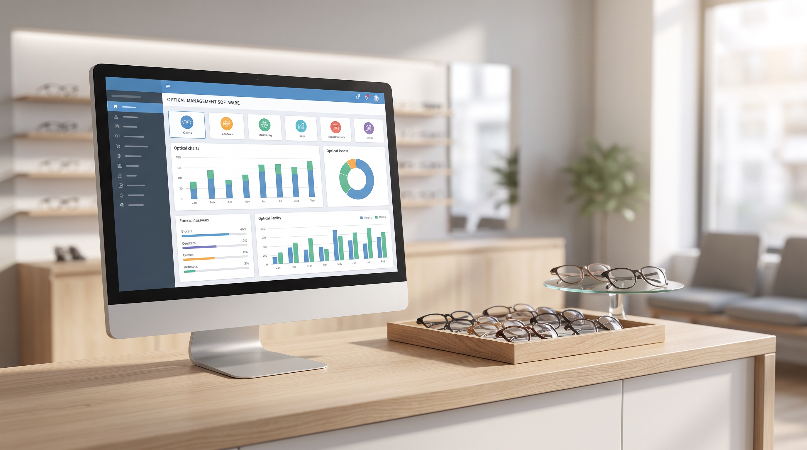 Optik mağaza tezgâhında bilgisayar ekranında açık optik yönetim programı ve yanında gözlük çerçeveleri
