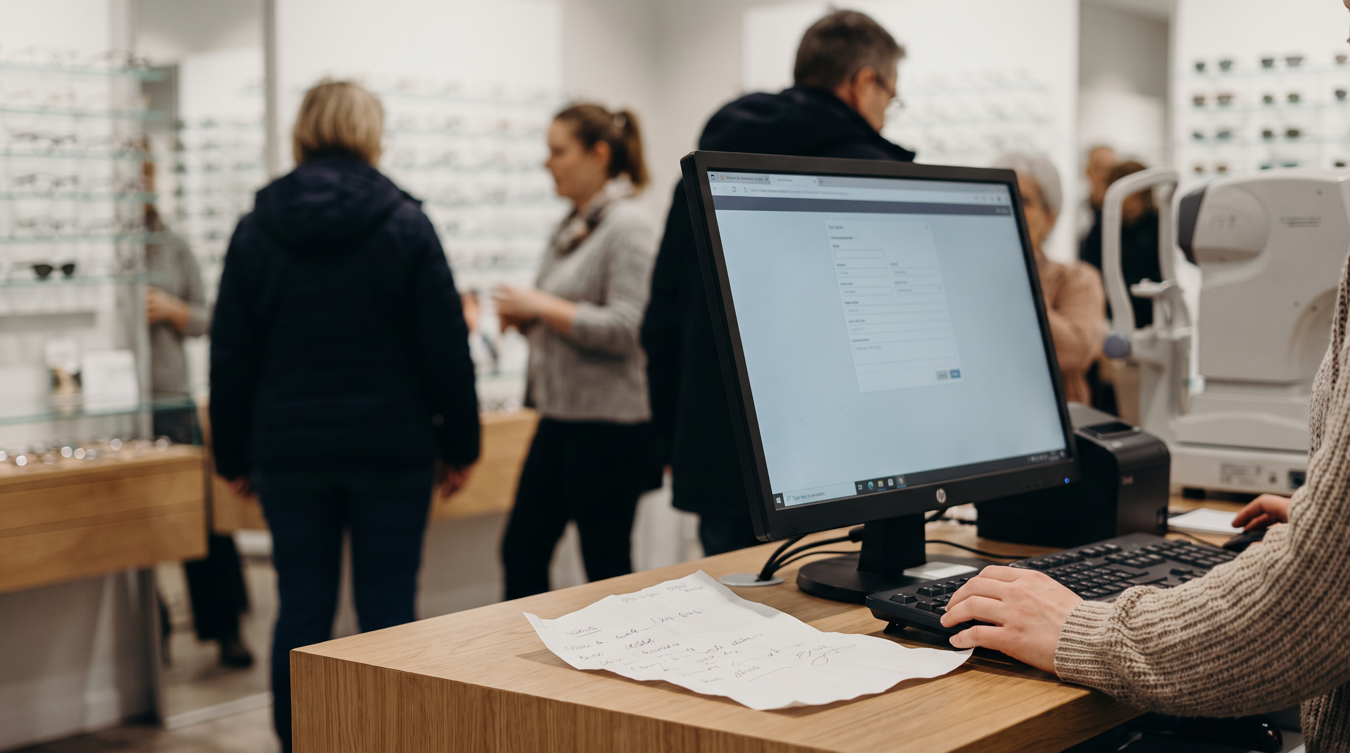 Optik mağaza tezgâhında bilgisayar ekranında açık Medula optik provizyon ekranı ve yanında gözlük reçetesi
